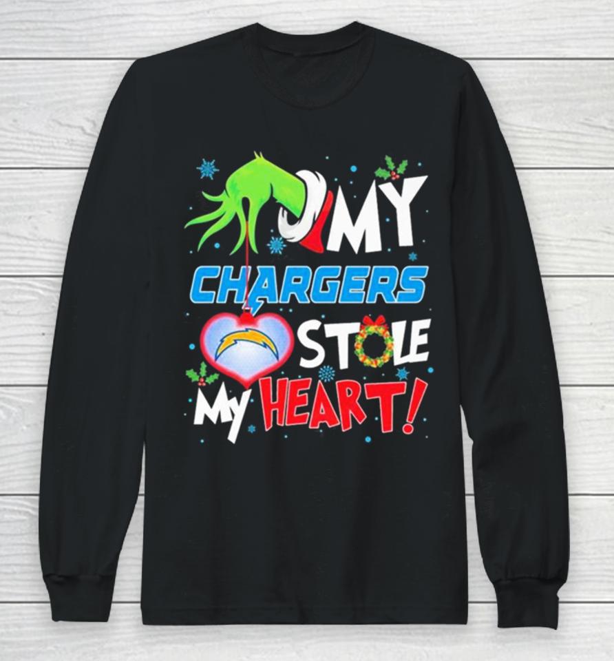 Grinch Hand My Los Angeles Chargers Stole My Heart Christmas Long Sleeve T-Shirt