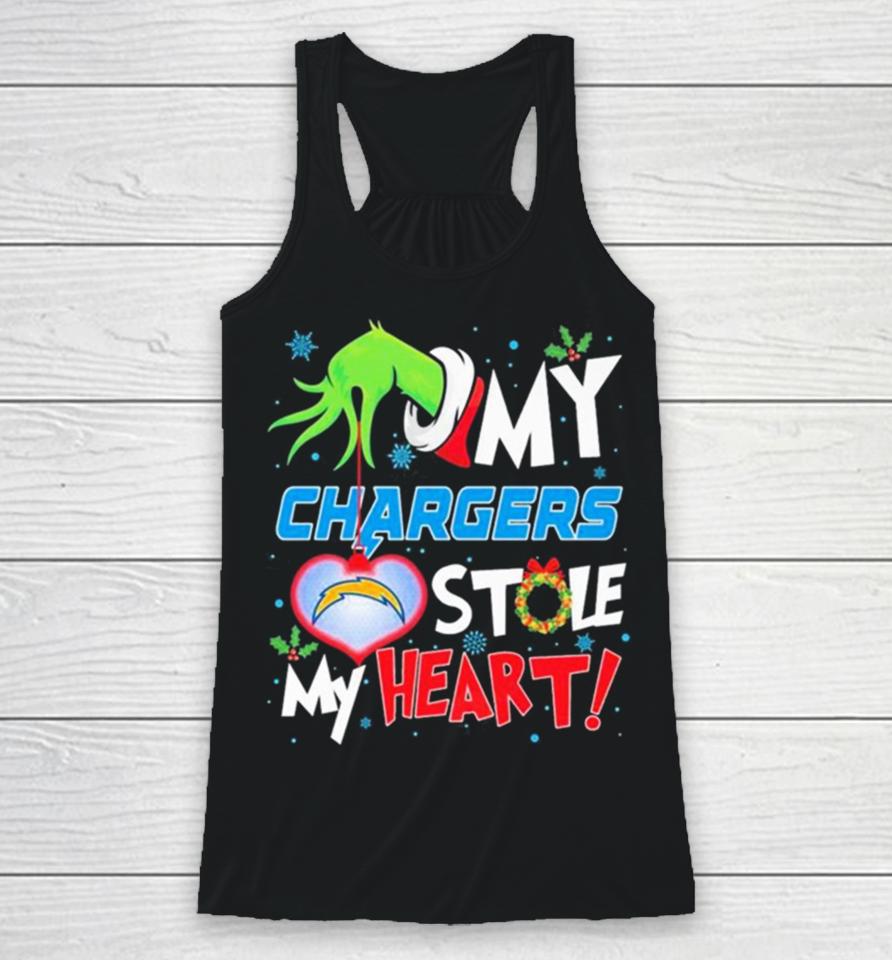 Grinch Hand My Los Angeles Chargers Stole My Heart Christmas Racerback Tank