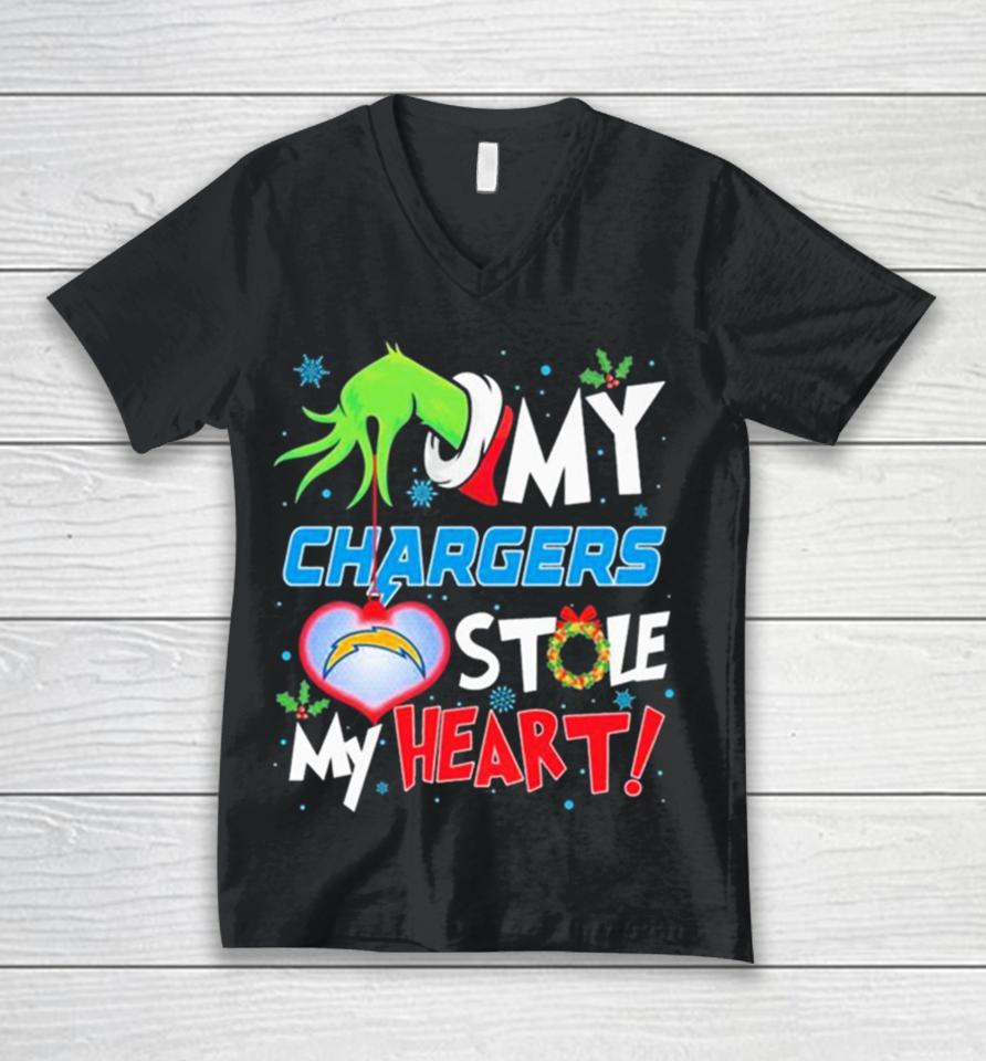 Grinch Hand My Los Angeles Chargers Stole My Heart Christmas Unisex V-Neck T-Shirt