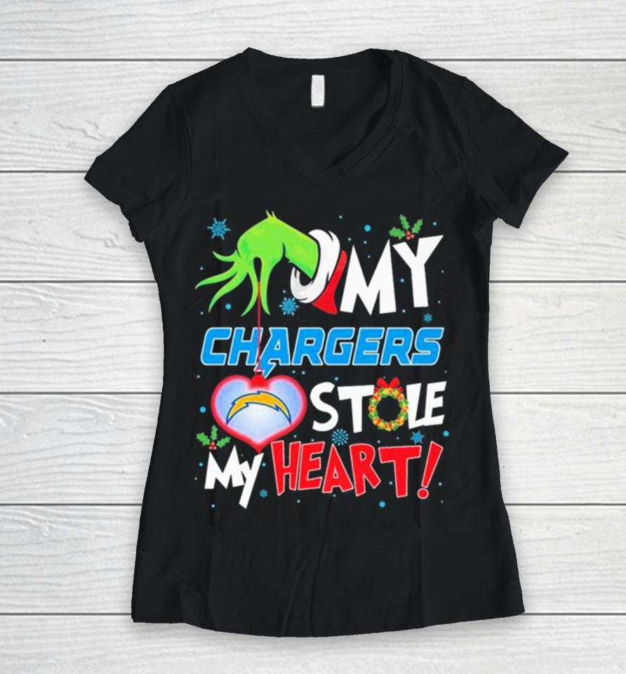 Grinch Hand My Los Angeles Chargers Stole My Heart Christmas Women V-Neck T-Shirt