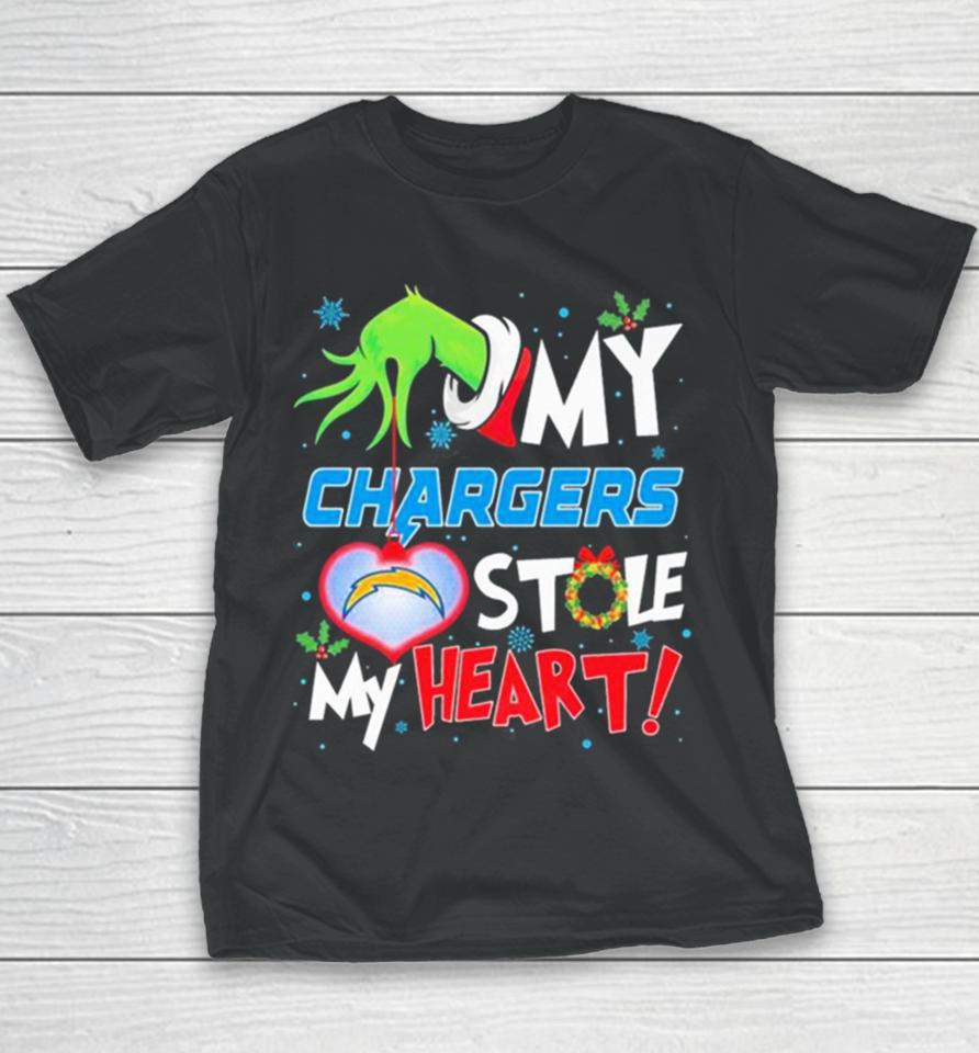 Grinch Hand My Los Angeles Chargers Stole My Heart Christmas Youth T-Shirt