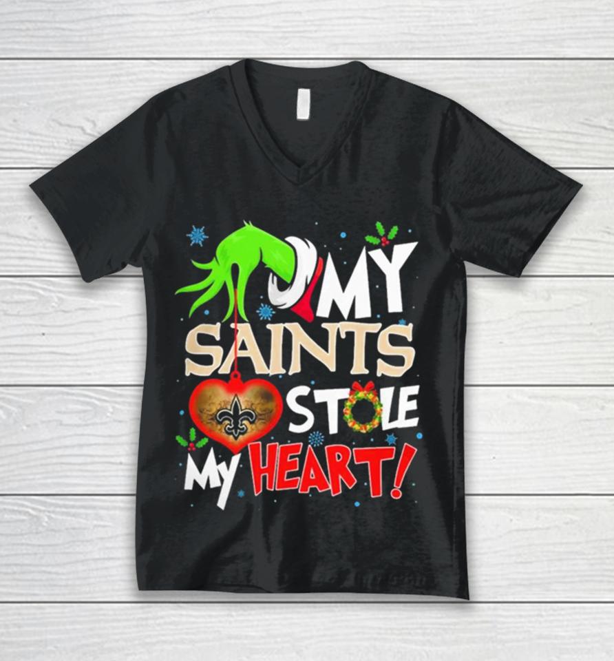 Grinch Hand My New Orleans Saints Stole My Heart Christmas Unisex V-Neck T-Shirt