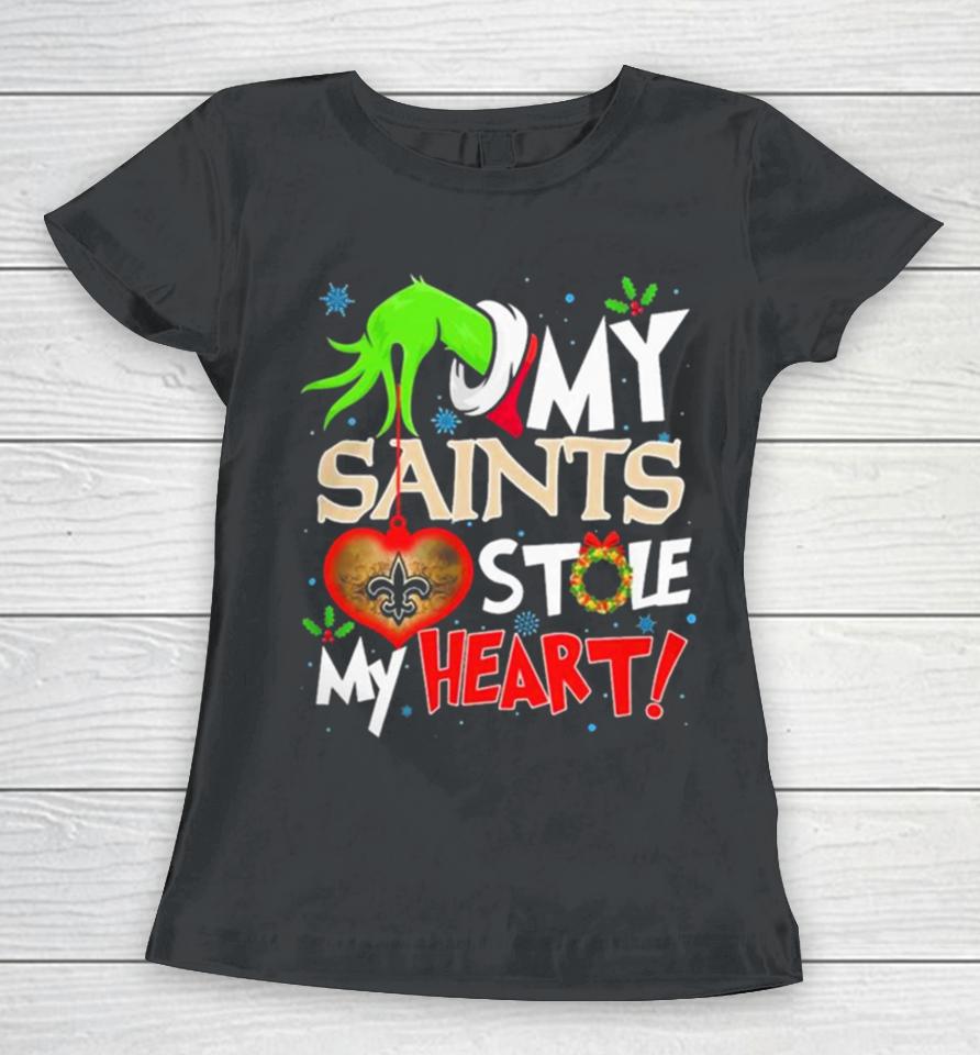 Grinch Hand My New Orleans Saints Stole My Heart Christmas Women T-Shirt