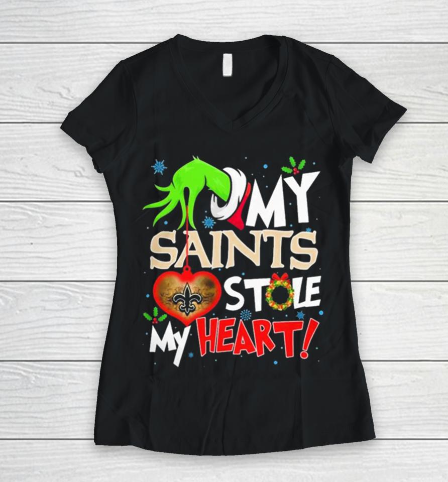 Grinch Hand My New Orleans Saints Stole My Heart Christmas Women V-Neck T-Shirt