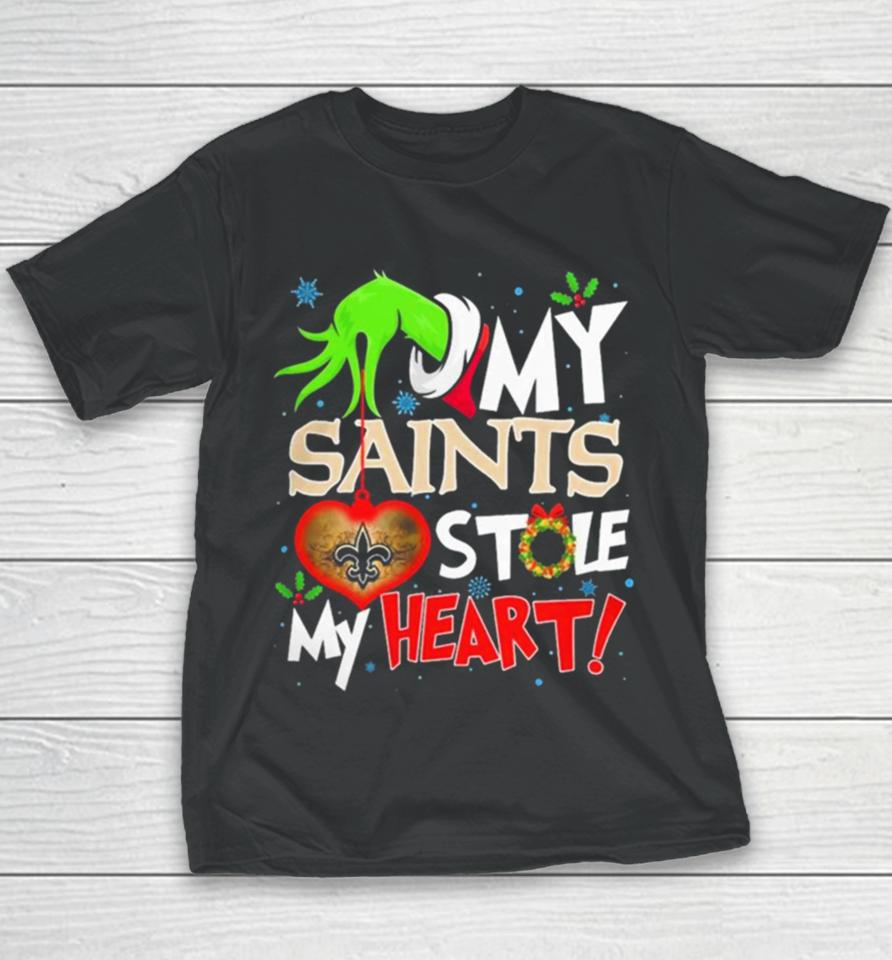 Grinch Hand My New Orleans Saints Stole My Heart Christmas Youth T-Shirt