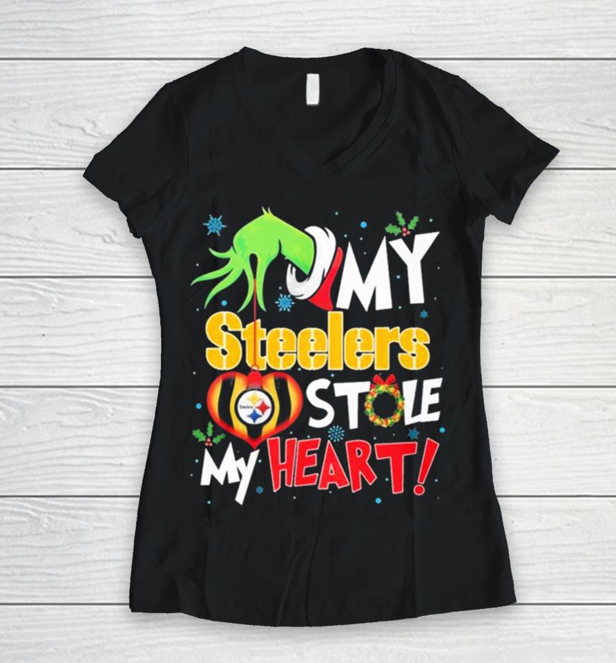 Grinch Hand My Pittsburgh Steelers Stole My Heart Christmas Women V-Neck T-Shirt