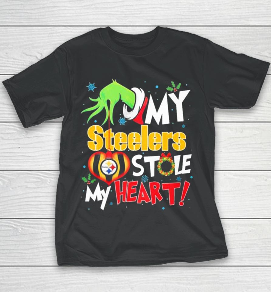 Grinch Hand My Pittsburgh Steelers Stole My Heart Christmas Youth T-Shirt