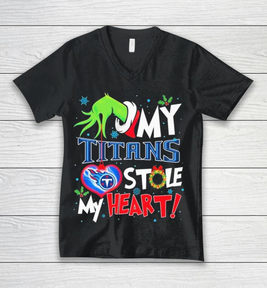 Grinch Hand My Tennessee Titans Stole My Heart Christmas Unisex V-Neck T-Shirt