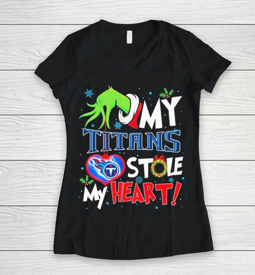 Grinch Hand My Tennessee Titans Stole My Heart Christmas Women V-Neck T-Shirt