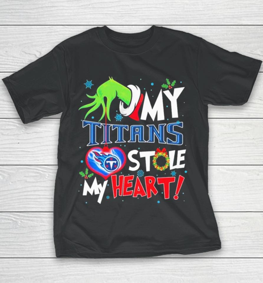 Grinch Hand My Tennessee Titans Stole My Heart Christmas Youth T-Shirt