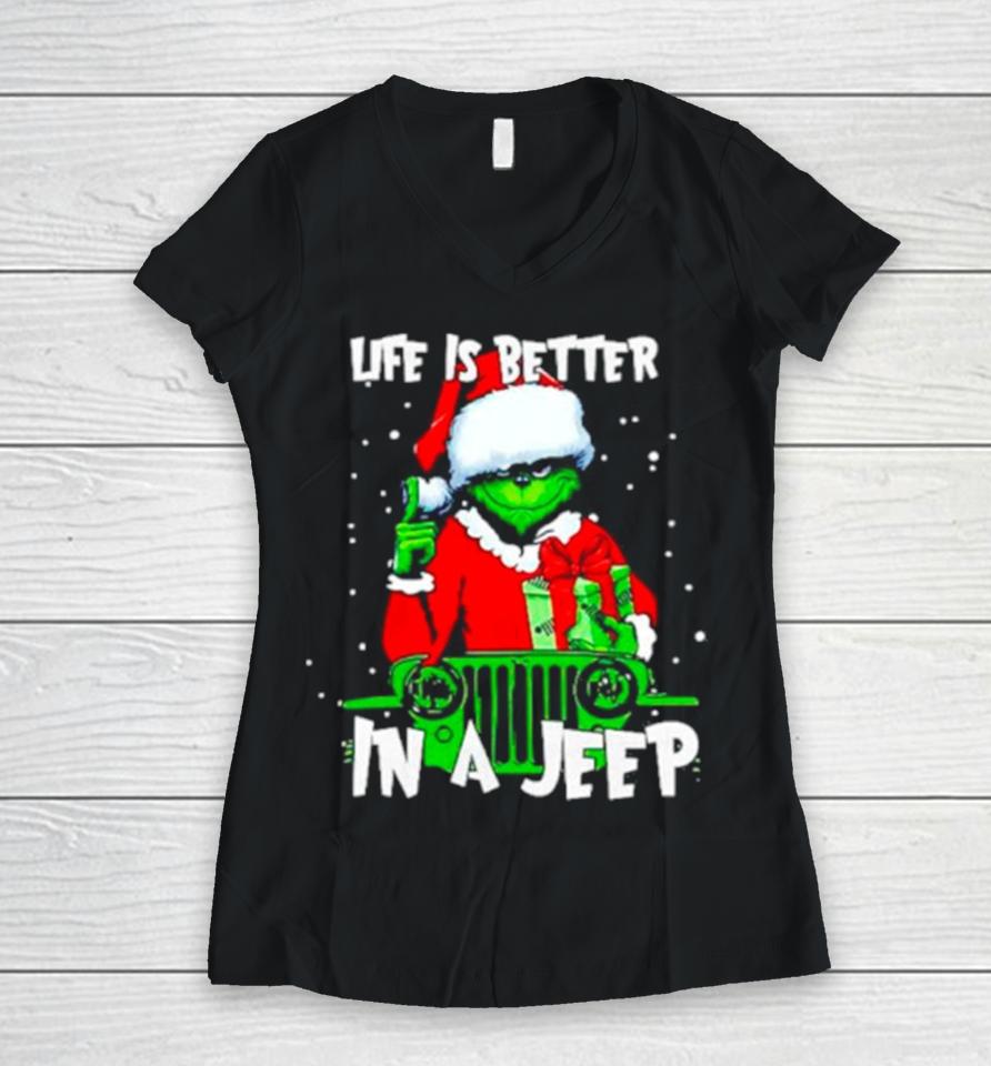 Grinch Santa Life Is Better In A Jeep Women V-Neck T-Shirt