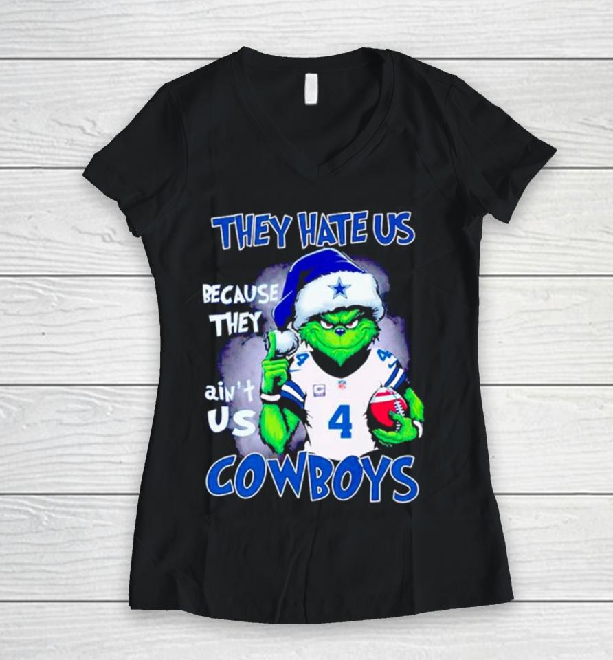 Grinch Santa They Hate Us Because They Ain’t Us Cowboys Football Women V-Neck T-Shirt