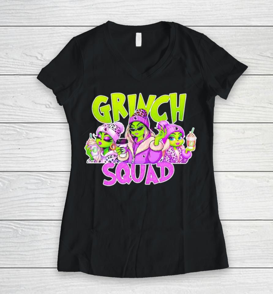 Grinch Squad Boujee Leopard Purple Merry Christmas Women V-Neck T-Shirt