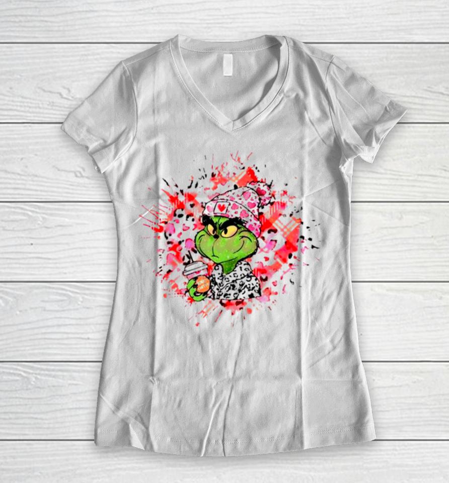 Grinch Valentine Love Coffee Women V-Neck T-Shirt
