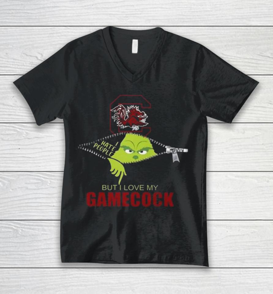 Grinch Zipper I Hate People But I Love My South Carolina Gamecocks Unisex V-Neck T-Shirt
