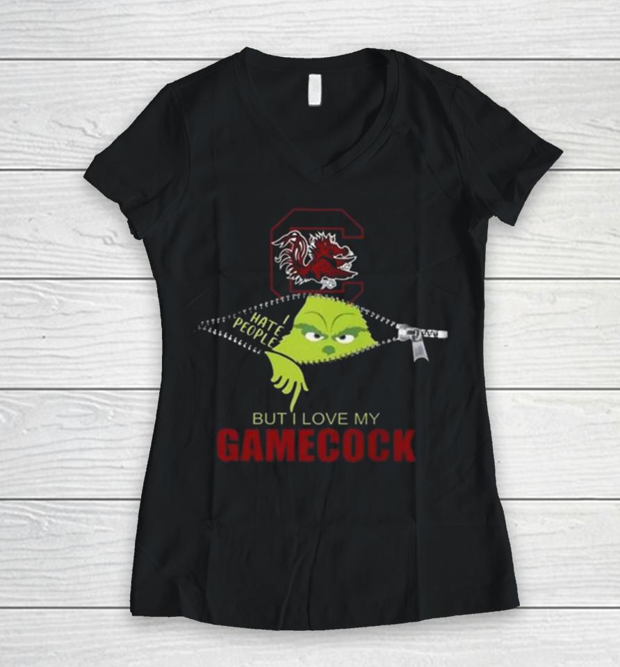 Grinch Zipper I Hate People But I Love My South Carolina Gamecocks Women V-Neck T-Shirt