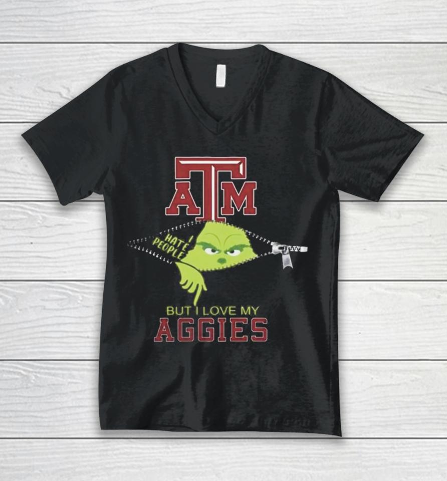Grinch Zipper I Hate People But I Love My Texas A&Amp;M Aggies Unisex V-Neck T-Shirt