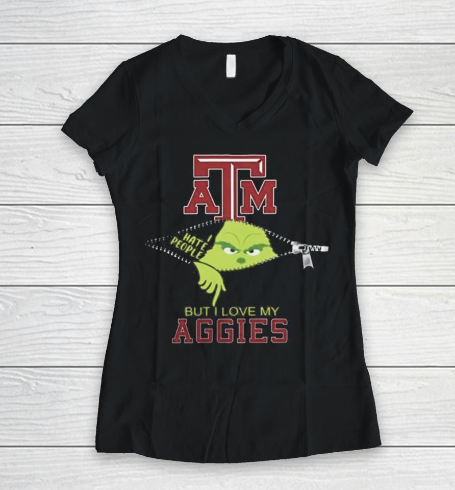 Grinch Zipper I Hate People But I Love My Texas A&Amp;M Aggies Women V-Neck T-Shirt