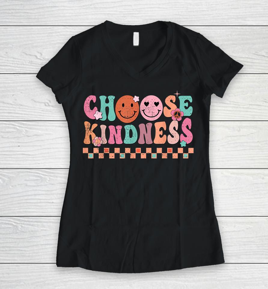 Groovy Choose Kindness Unity Day Smiling Be Kind Hippie Women V-Neck T-Shirt