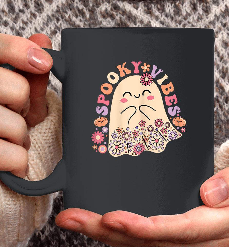 Groovy Cute Kawaii Ghost Floral Spooky Vibes Hippie Pumpkin Coffee Mug