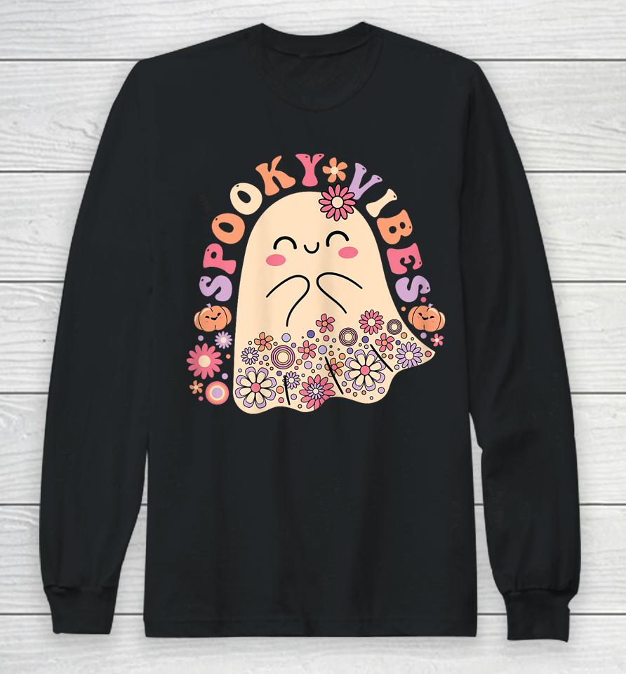 Groovy Cute Kawaii Ghost Floral Spooky Vibes Hippie Pumpkin Long Sleeve T-Shirt