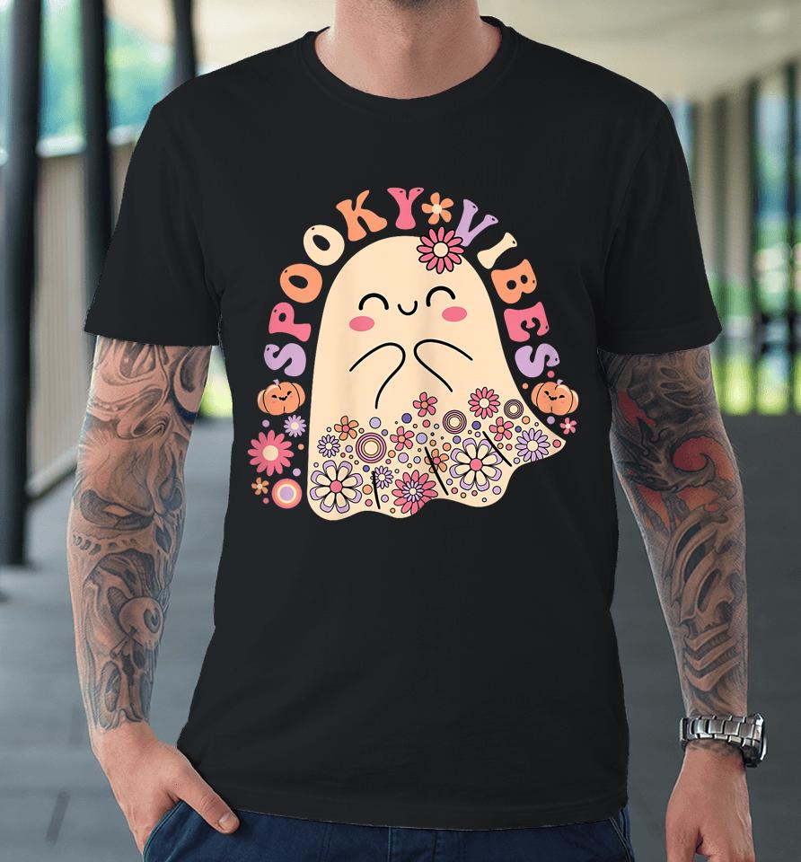 Groovy Cute Kawaii Ghost Floral Spooky Vibes Hippie Pumpkin Premium T-Shirt