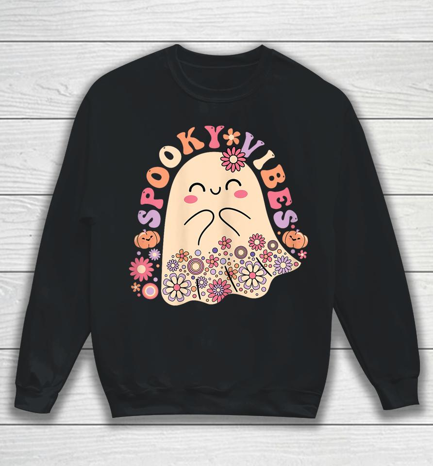 Groovy Cute Kawaii Ghost Floral Spooky Vibes Hippie Pumpkin Sweatshirt