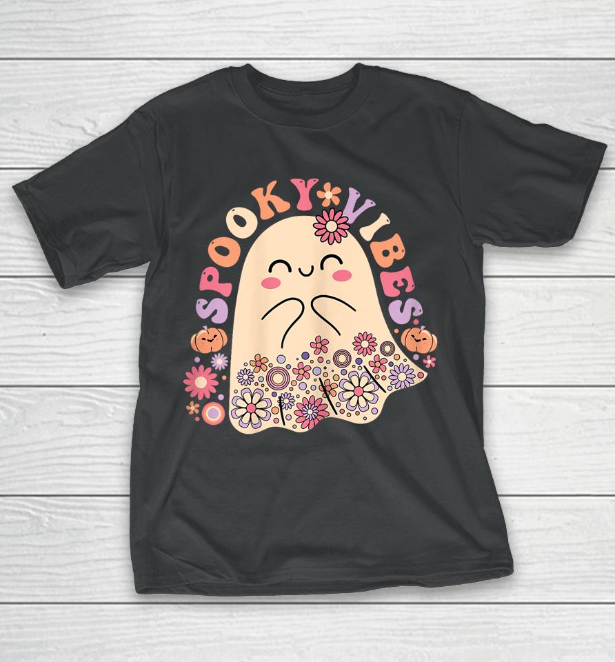 Groovy Cute Kawaii Ghost Floral Spooky Vibes Hippie Pumpkin T-Shirt