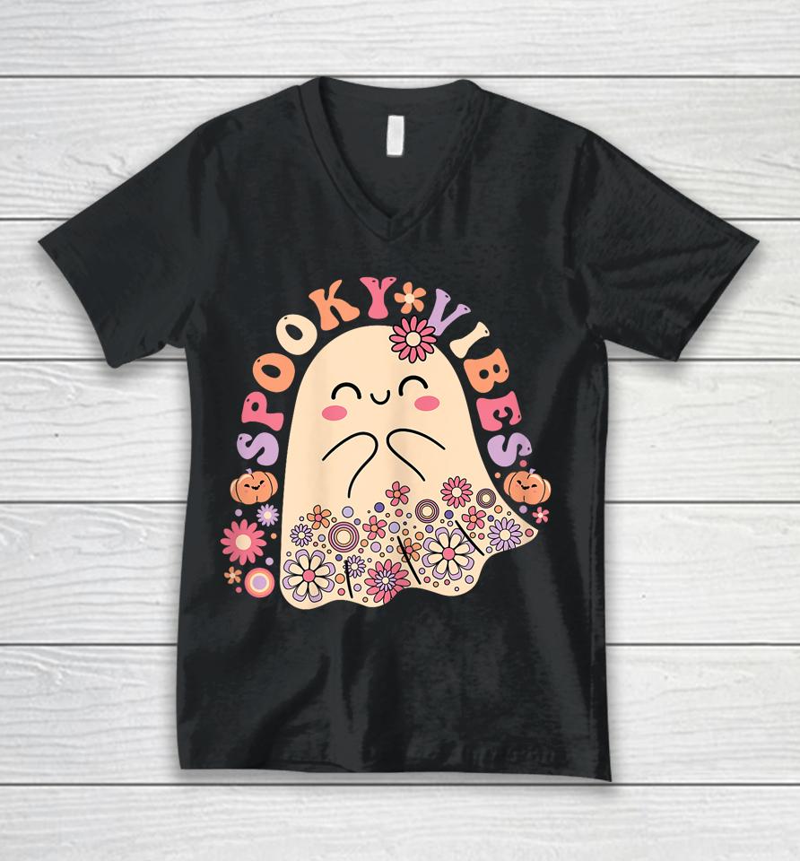 Groovy Cute Kawaii Ghost Floral Spooky Vibes Hippie Pumpkin Unisex V-Neck T-Shirt