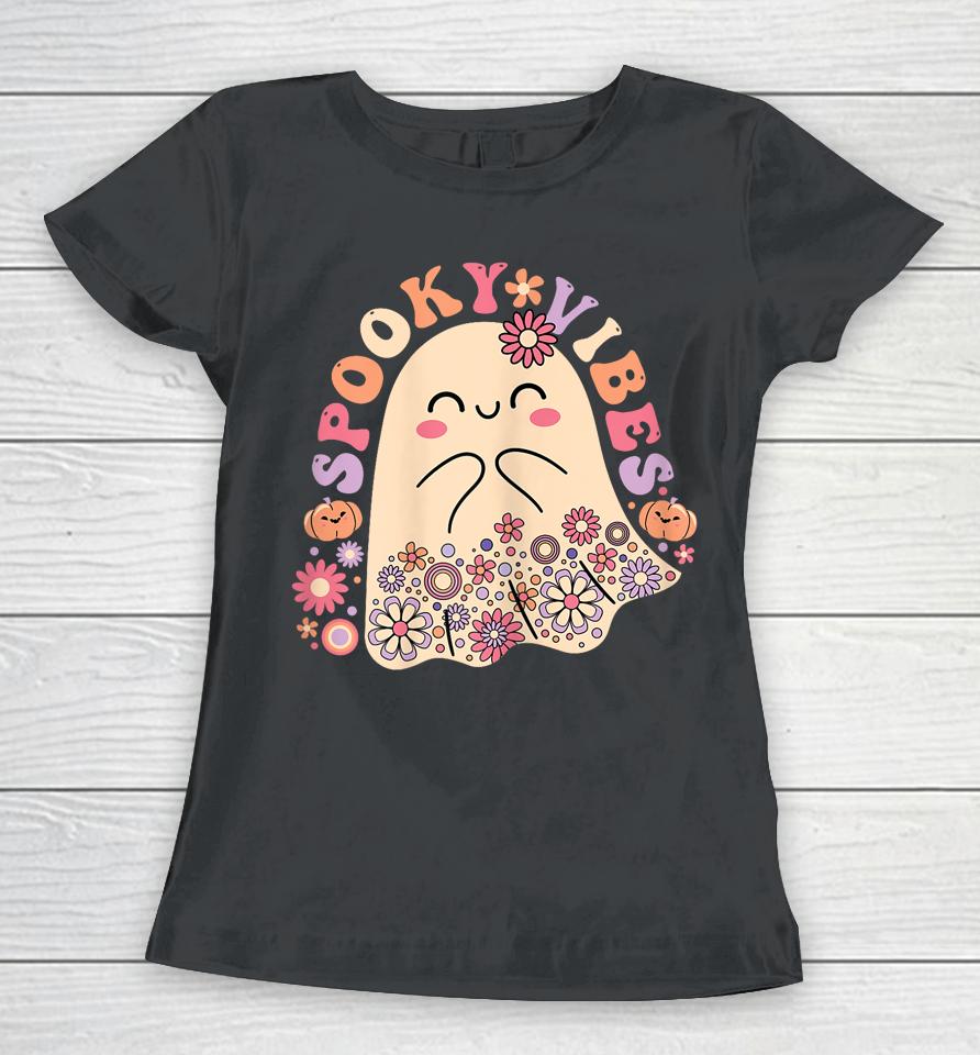 Groovy Cute Kawaii Ghost Floral Spooky Vibes Hippie Pumpkin Women T-Shirt