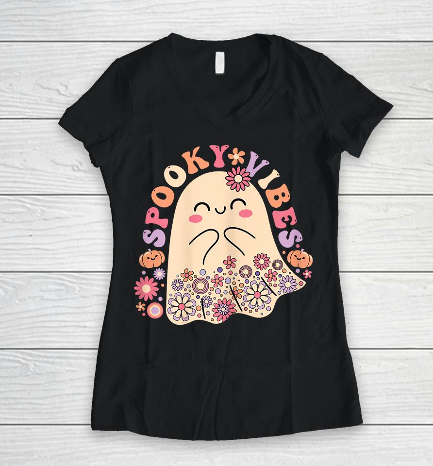 Groovy Cute Kawaii Ghost Floral Spooky Vibes Hippie Pumpkin Women V-Neck T-Shirt
