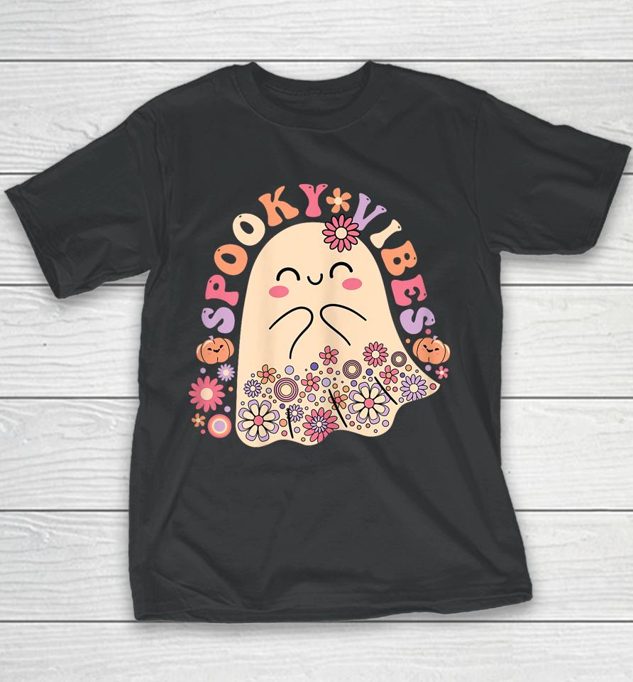 Groovy Cute Kawaii Ghost Floral Spooky Vibes Hippie Pumpkin Youth T-Shirt