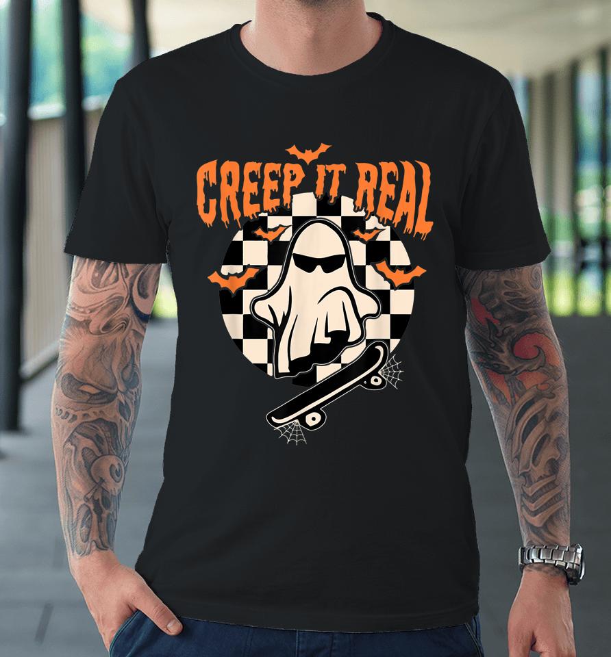 Groovy Ghost Skateboard Lazy Halloween Costume Creep It Real Premium T-Shirt