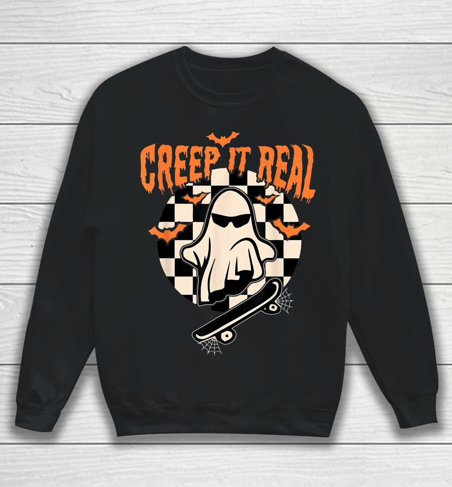 Groovy Ghost Skateboard Lazy Halloween Costume Creep It Real Sweatshirt