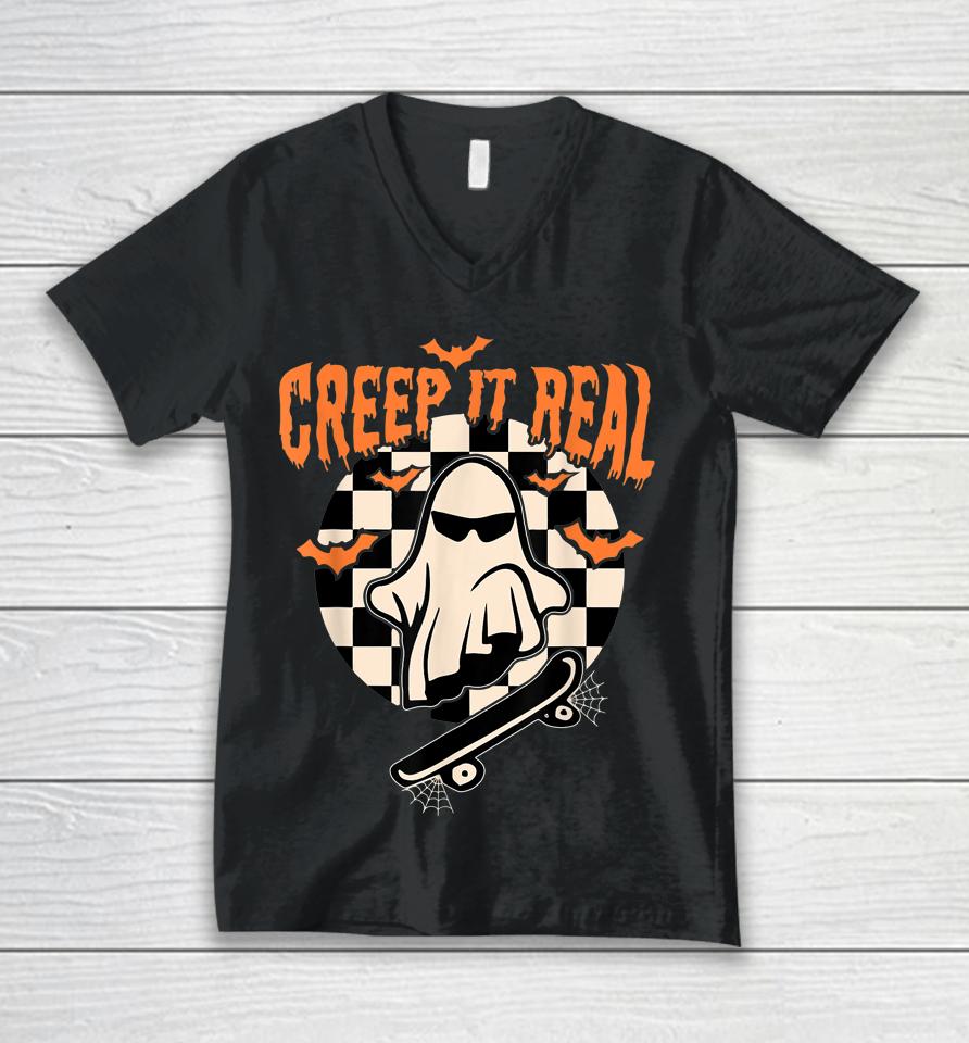 Groovy Ghost Skateboard Lazy Halloween Costume Creep It Real Unisex V-Neck T-Shirt