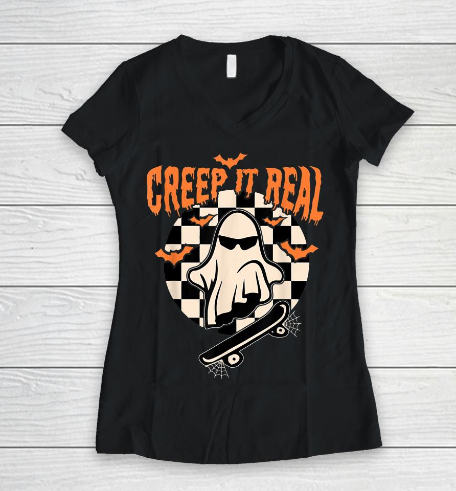 Groovy Ghost Skateboard Lazy Halloween Costume Creep It Real Women V-Neck T-Shirt