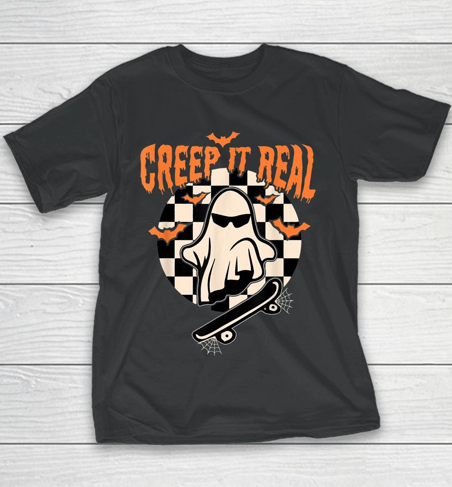 Groovy Ghost Skateboard Lazy Halloween Costume Creep It Real Youth T-Shirt