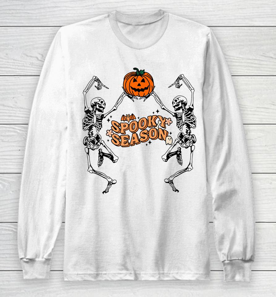 Groovy Ghost Spooky Season Funny Halloween Skeleton Dancing Long Sleeve T-Shirt