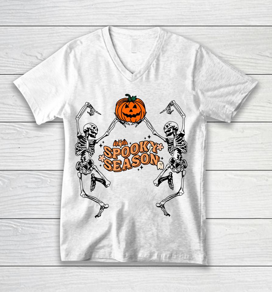 Groovy Ghost Spooky Season Funny Halloween Skeleton Dancing Unisex V-Neck T-Shirt