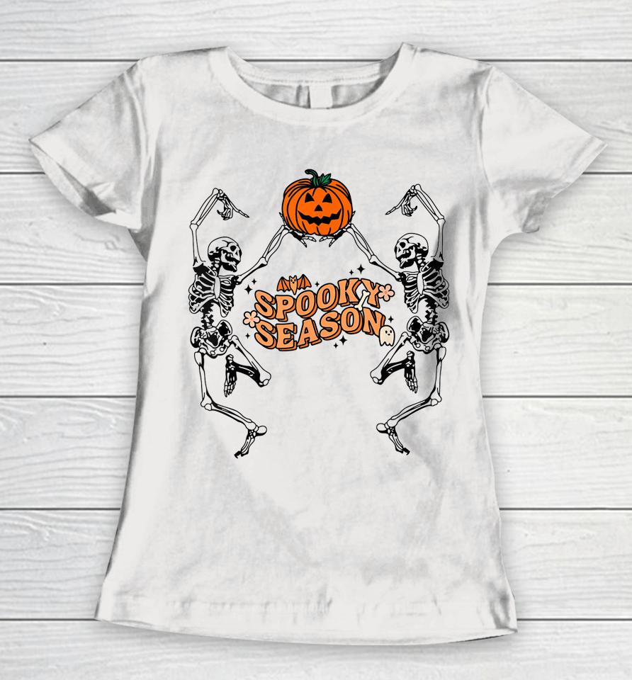 Groovy Ghost Spooky Season Funny Halloween Skeleton Dancing Women T-Shirt