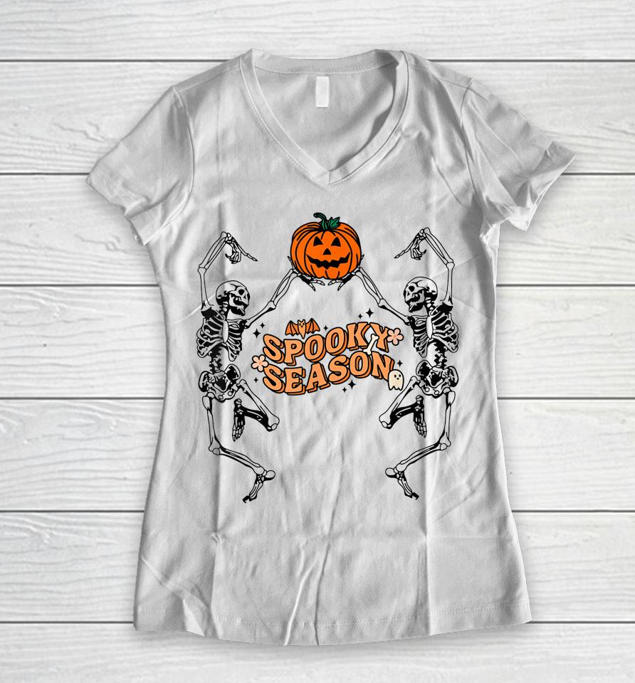 Groovy Ghost Spooky Season Funny Halloween Skeleton Dancing Women V-Neck T-Shirt