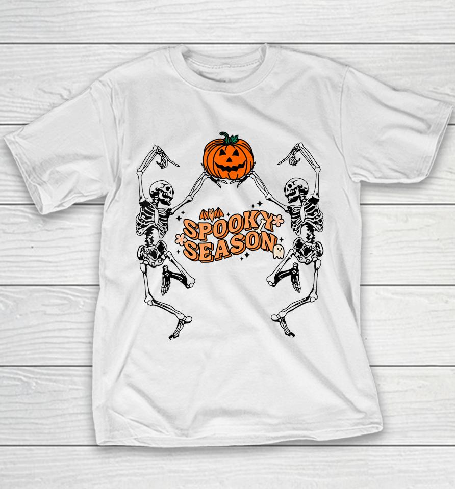 Groovy Ghost Spooky Season Funny Halloween Skeleton Dancing Youth T-Shirt