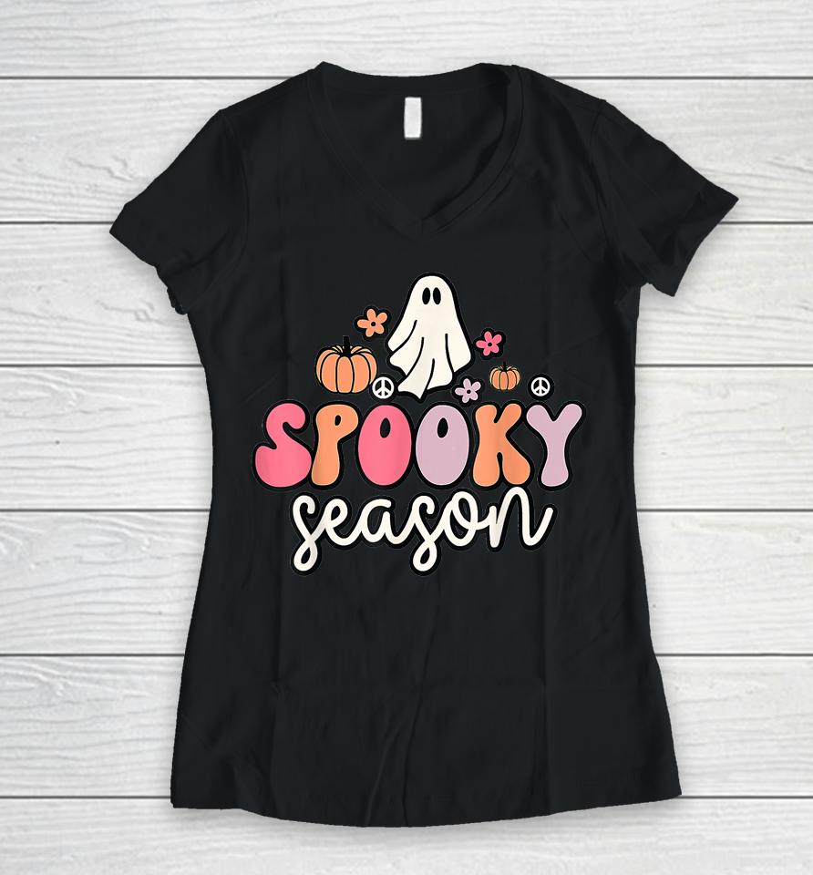 Groovy Ghost Spooky Season Women V-Neck T-Shirt