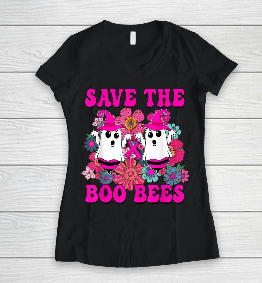 Groovy Halloween Save The Boo Bees Breast Cancer Awareness Women V-Neck T-Shirt