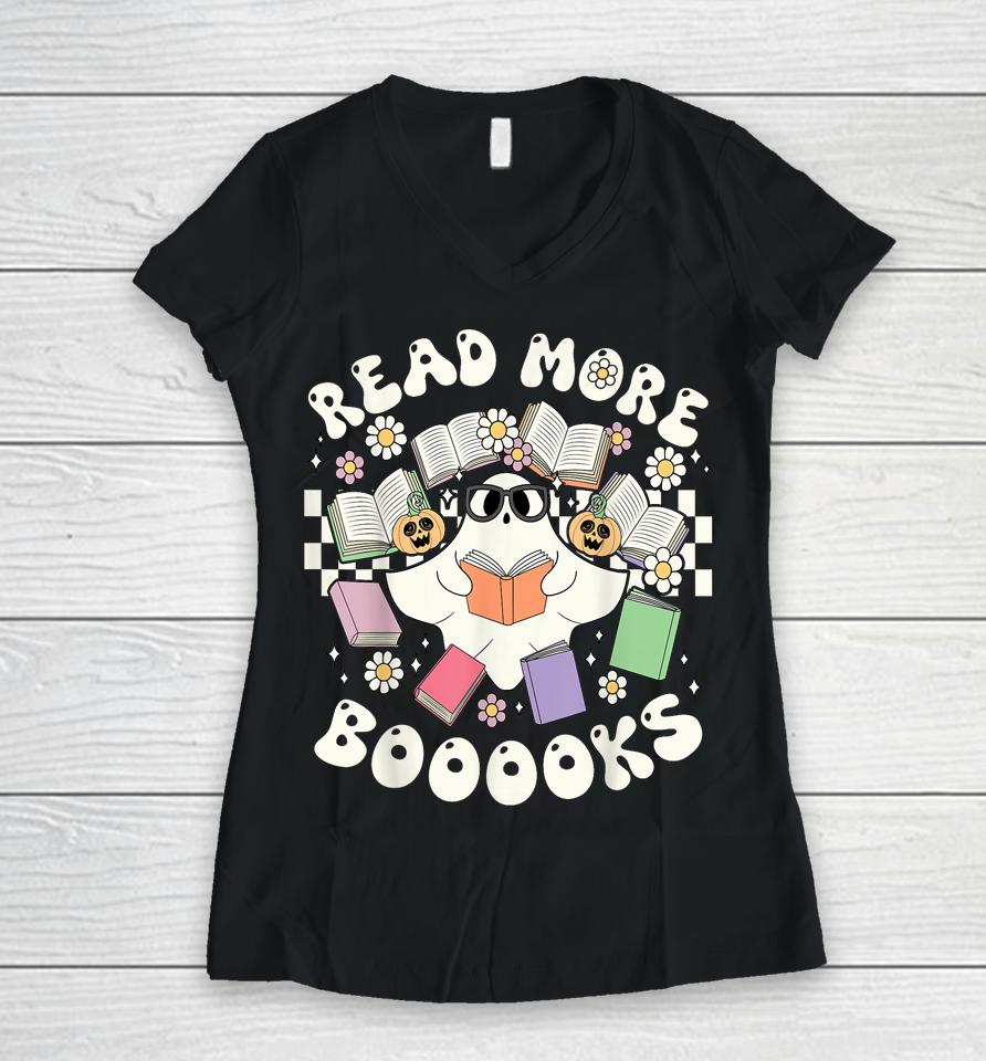 Groovy Halloween Teacher Cute Boo Read More Books Ghost Women V-Neck T-Shirt