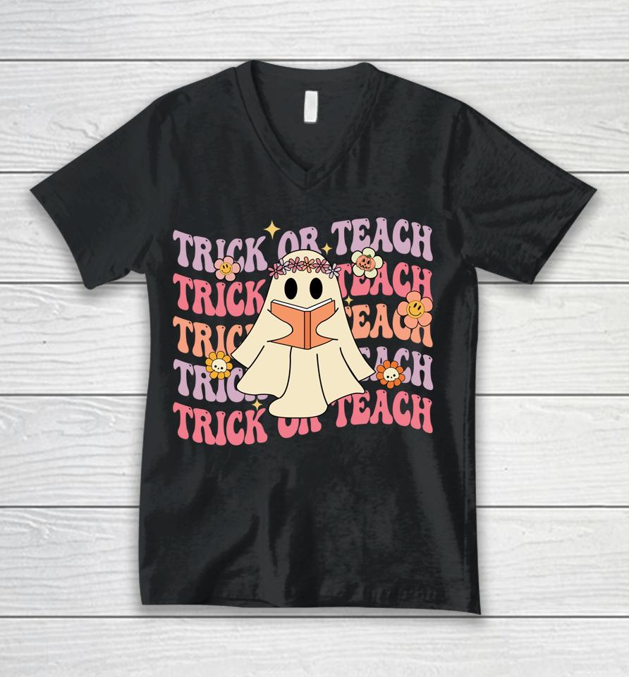 Groovy Halloween Trick Or Teach Boo Ghost Pre-K Teacher Life Unisex V-Neck T-Shirt