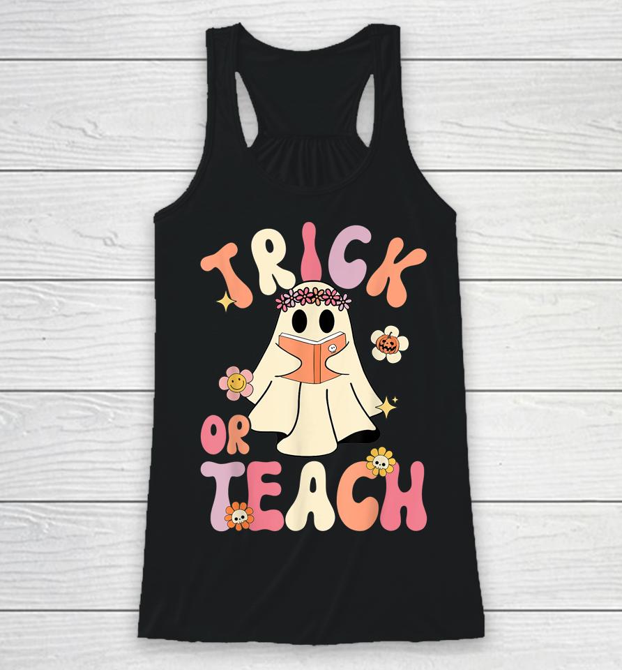 Groovy Halloween Trick Or Teach Retro Floral Ghost Teacher Racerback Tank