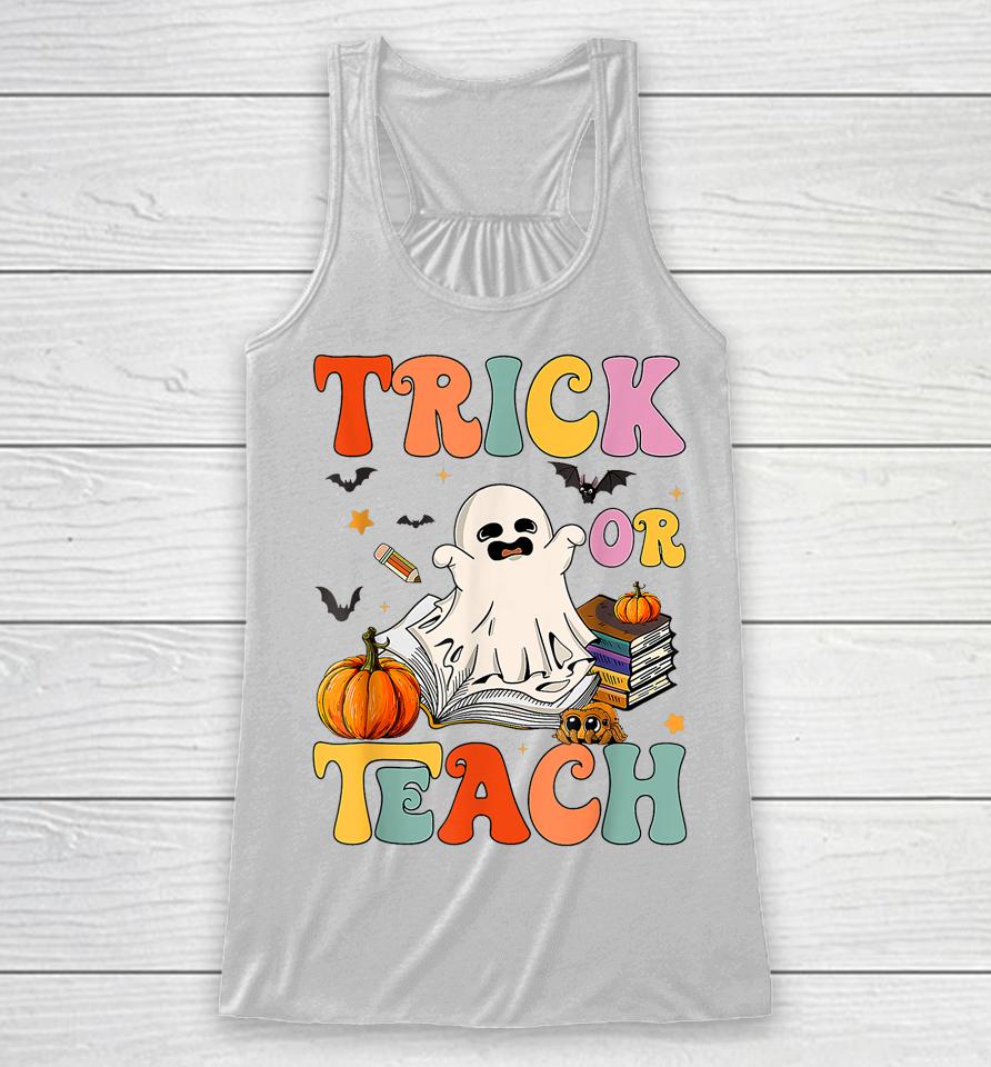 Groovy Halloween Trick Or Teach Retro Floral Ghost Teacher Racerback Tank