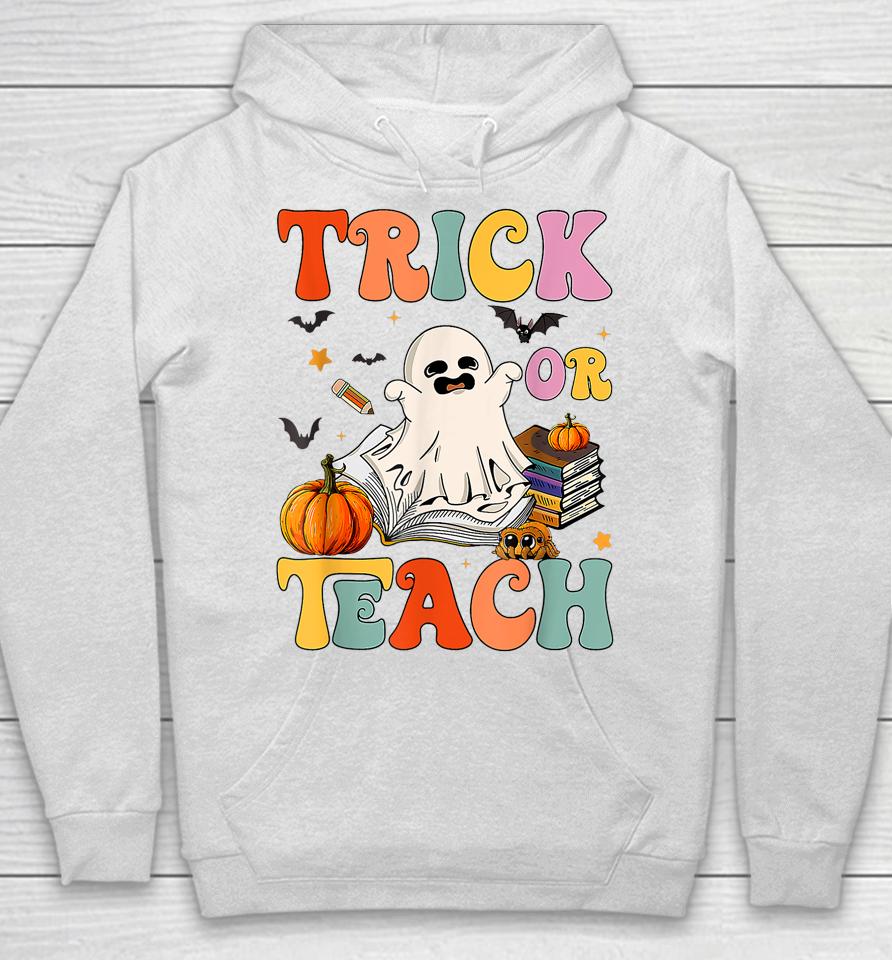 Groovy Halloween Trick Or Teach Retro Floral Ghost Teacher Hoodie