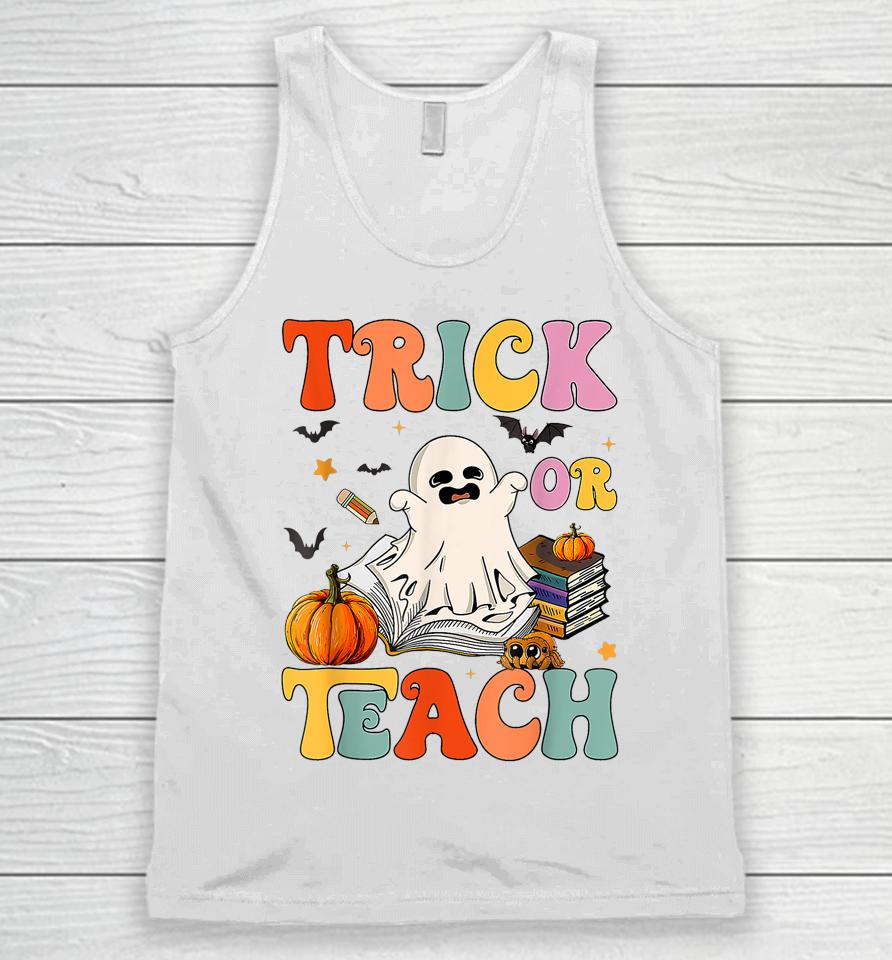 Groovy Halloween Trick Or Teach Retro Floral Ghost Teacher Unisex Tank Top